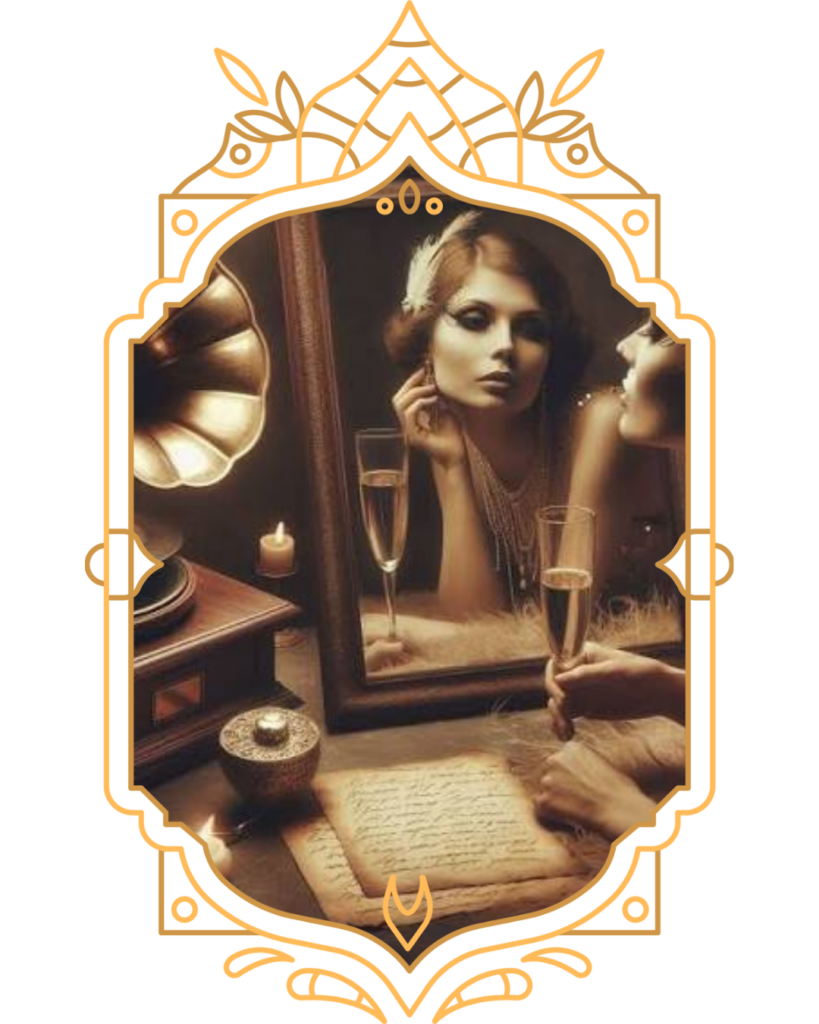 Dear Delphine female columnist sitting at her desk with letters, a glass of champagne, and a radio.